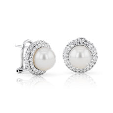Classic Akoya Cultured Pearl Double Halo Diamond Earrings in 18k White Gold (9mm)