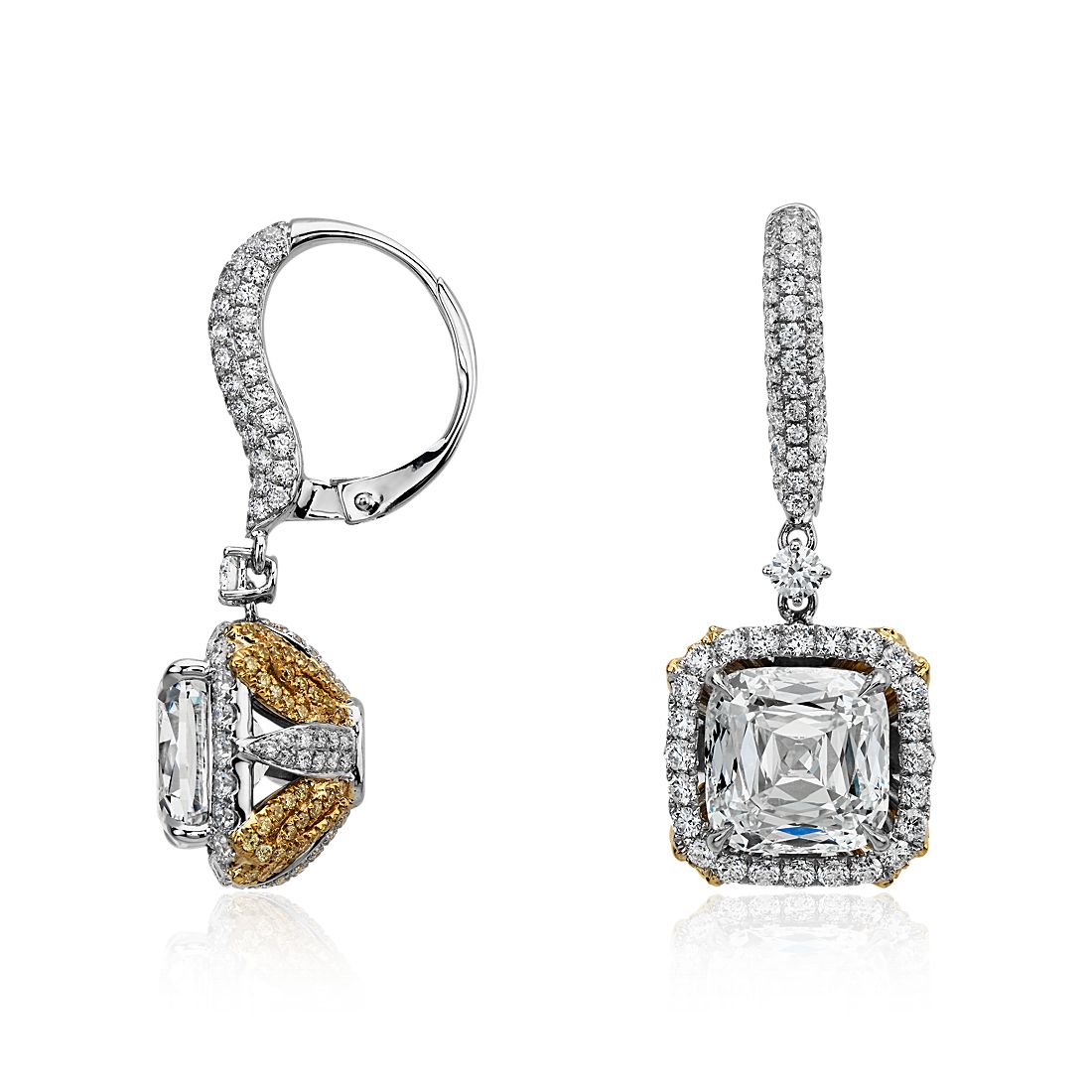 Modern Cushion and Pavé Diamond Halo Drop Earrings in 18k White and Yellow Gold (8.91 ct. tw.)