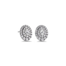 NOUVEAU Boucles d’oreilles diamants Crescendo avec double halo ovale en or blanc 14 carats (0,84 carat, poids total)