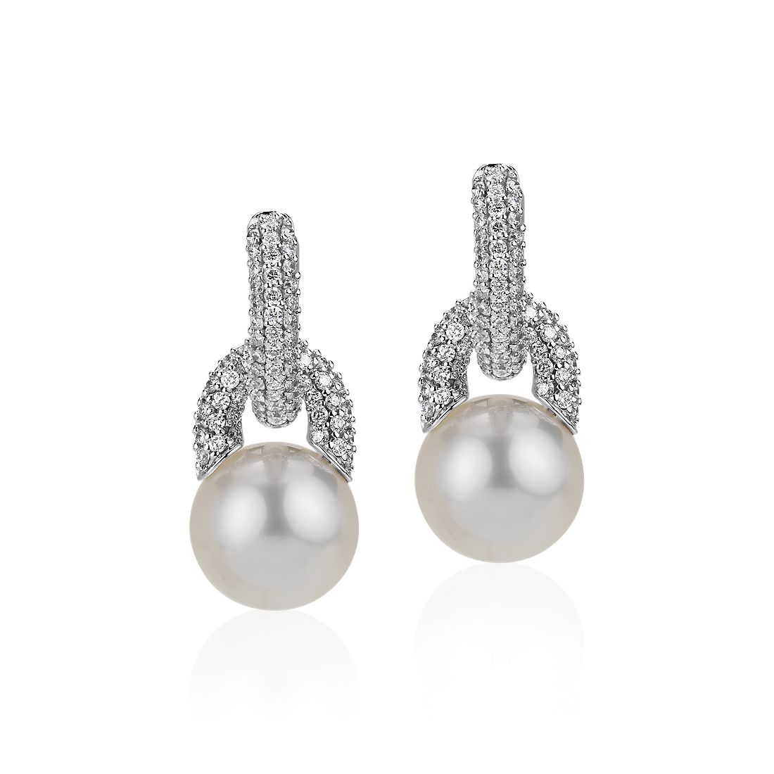 Diamond Door Knocker Earrings with South Sea Cultured Pearls in 18k White  Gold (9.5-10mm)