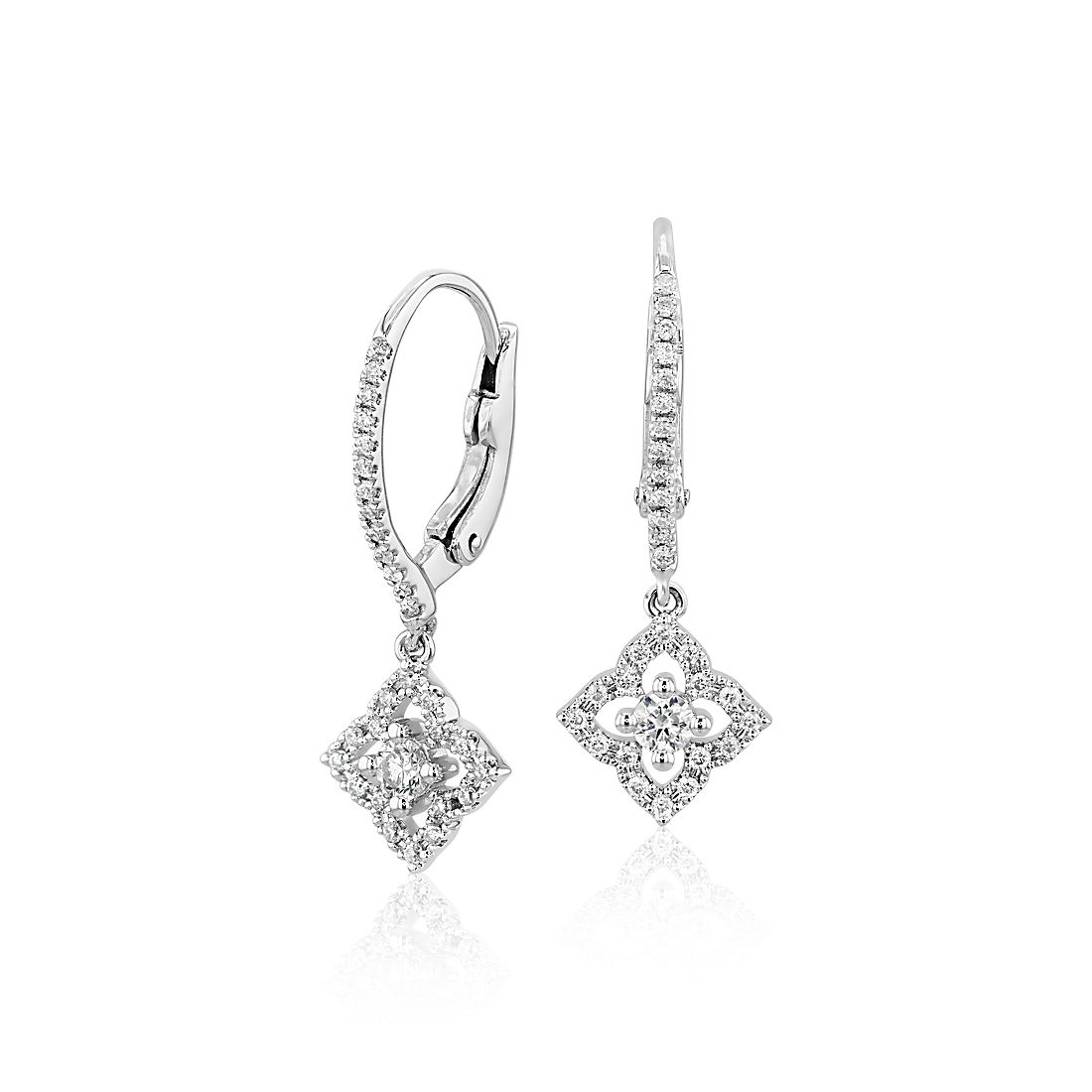 Petite Diamond Floral Drop Earrings in 14k White Gold
