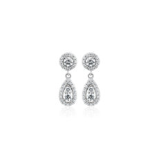 NEW Diamond Round and Pear Shape Halo Drop Earrings in 14k White Gold (0.49 ct. tw.)