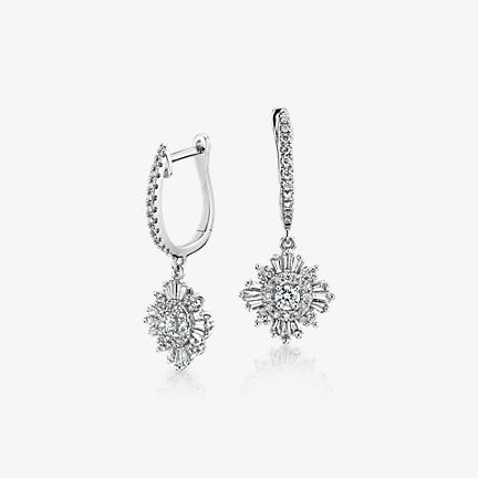 Diamond Starburst Drop Earring in 14k White Gold 1 ct total weight diamond