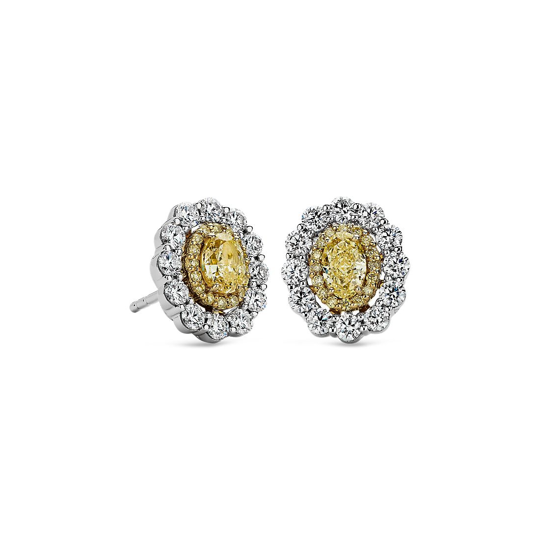 Puces d’oreilles à double halo de diamants jaunes et blancs en or jaune et blanc 18 carats(1 1/2 carats, poids total)