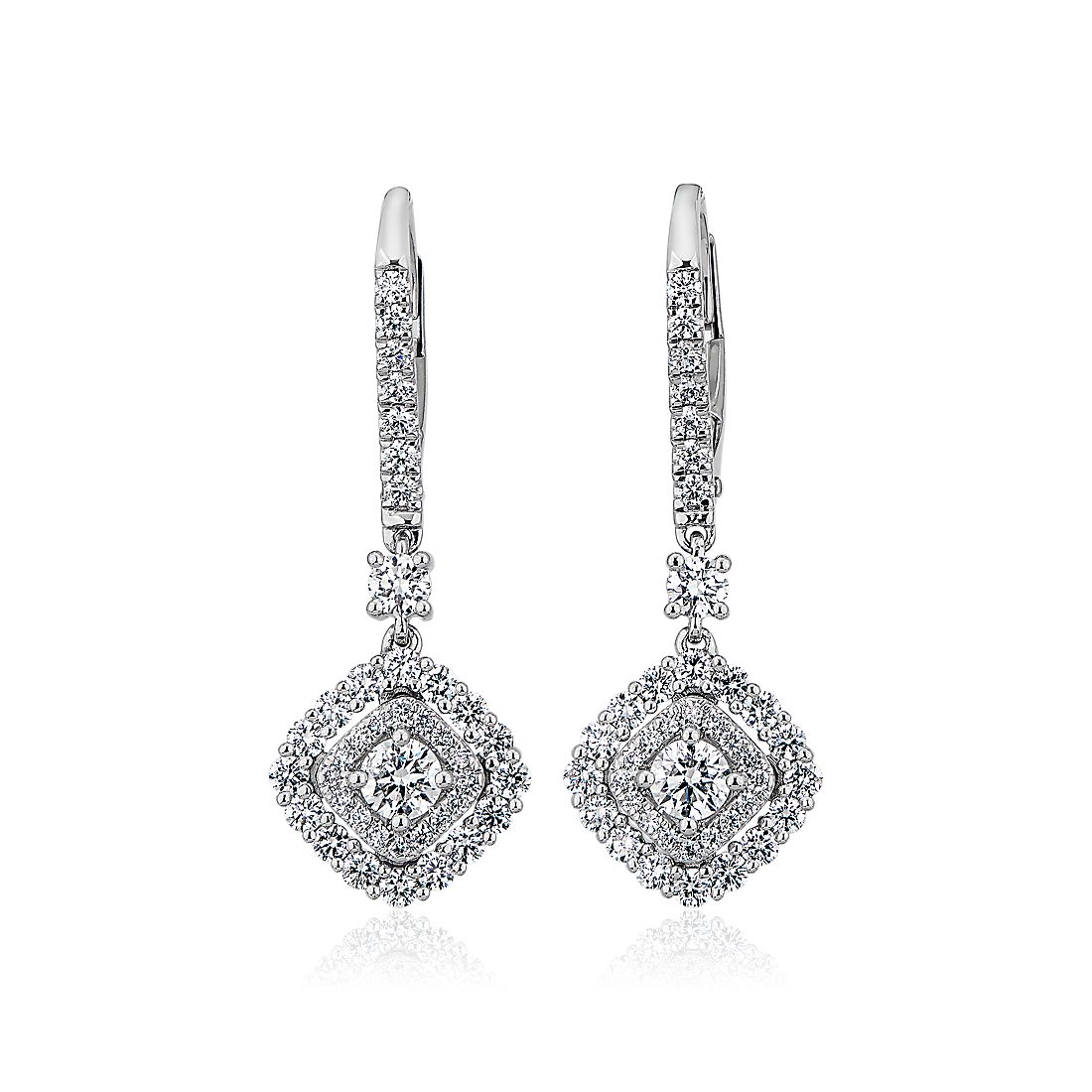 East West Cushion Halo Drop Earrings in 14k White Gold (1 ct. tw.)