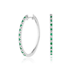 14k 白金祖母绿和钻石椭圆形圈形耳环（1.4 毫米）