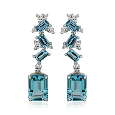 Emerald-Cut Aquamarine and Diamond Drop Earrings in 18k White Gold ...