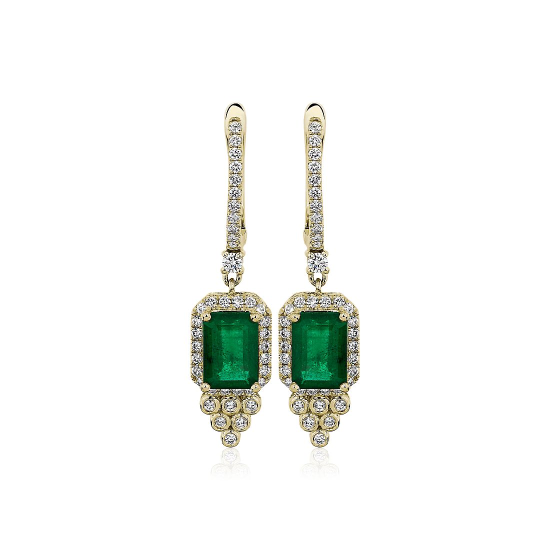 Emerald-Cut Emerald and Diamond Drop Earrings in 14k Yellow Gold