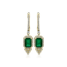 Emerald-Cut Emerald and Diamond Drop Earrings in 14k Yellow Gold