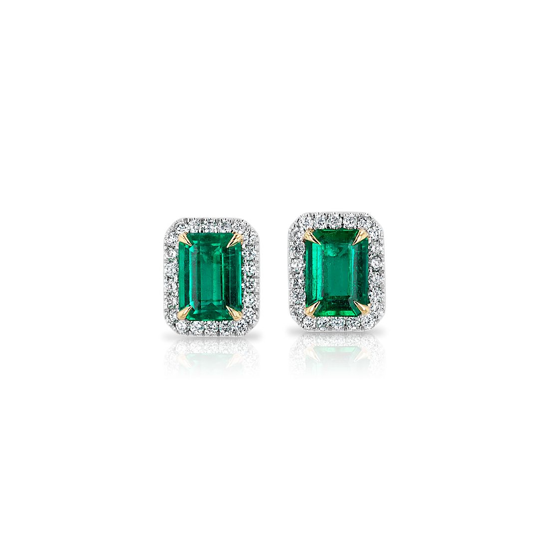 Emerald-Cut Emerald Stud Earrings with Diamond Halo in 14k White Gold with  Yellow Gold Prongs (7x5mm)