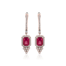 Emerald-Cut Ruby and Diamond Drop Earrings in 14k Rose Gold