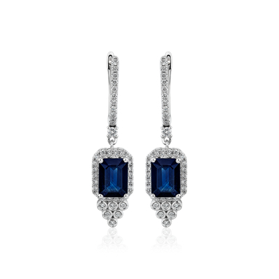 Emerald-Cut Sapphire and Diamond Drop Earrings in 14k White Gold | Blue ...