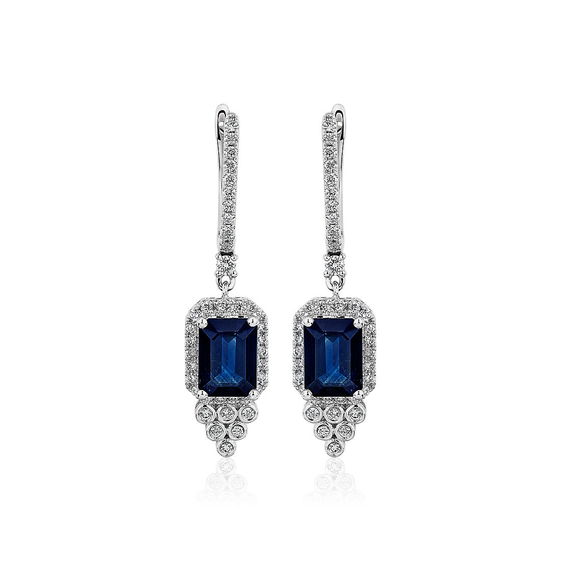 Emerald-Cut Sapphire and Diamond Drop Earrings in 14k White Gold