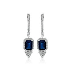 Emerald-Cut Sapphire and Diamond Drop Earrings in 14k White Gold