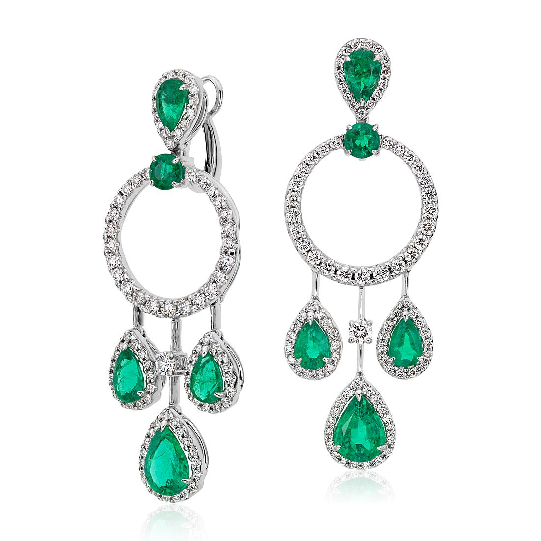 Pear Shape Emerald and Diamond Drop Earrings in 18k White Gold (4.41 ct. tw.)