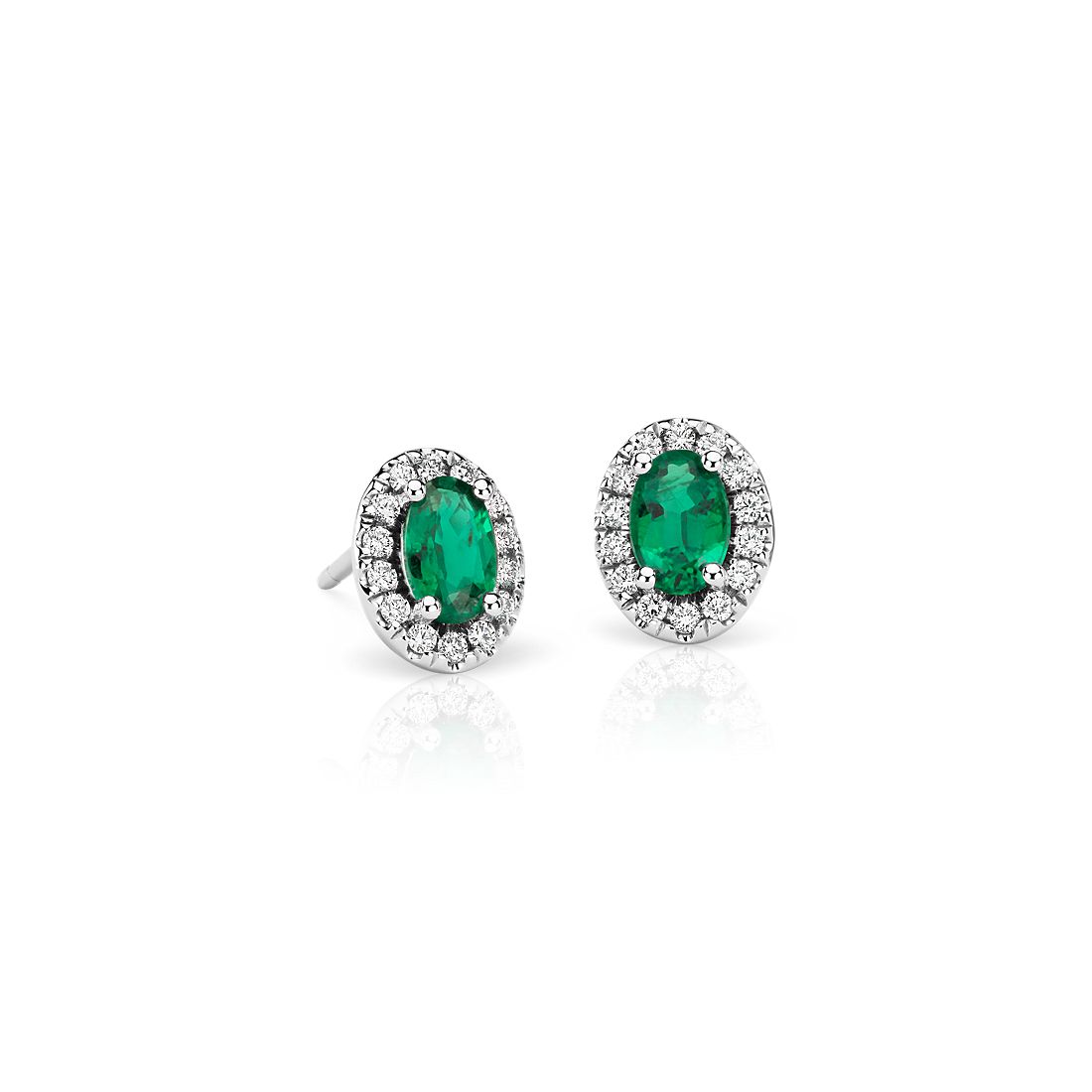 Emerald and Pavé Diamond Halo Earrings in 18k White Gold (6x4mm)