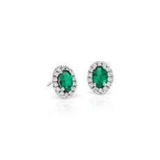 Oval Emerald and Pavé Diamond Stud Earrings in 18k White Gold (6x4mm)