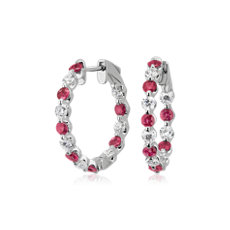 Floating Round Ruby and Diamond Hoop Earrings in 14k White Gold (2.6mm)