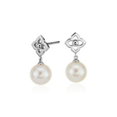Pendants d’oreilles de perles de culture d’eau douce motif floral en or blanc 14 carats(8-8,5 mm)