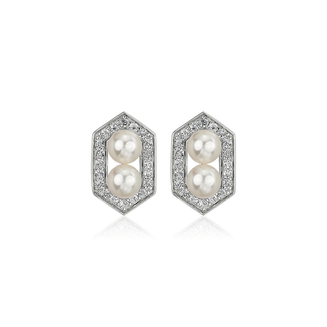 Freshwater Cultured Pearl and White Topaz Hexagon Halo Earrings in Sterling Silver (5-6mm)