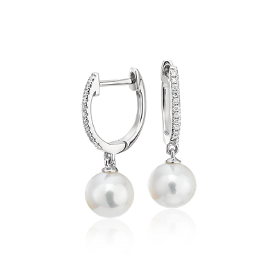 Freshwater Cultured Pearl Diamond Hoop Earrings in 14k White Gold (6.5 ...