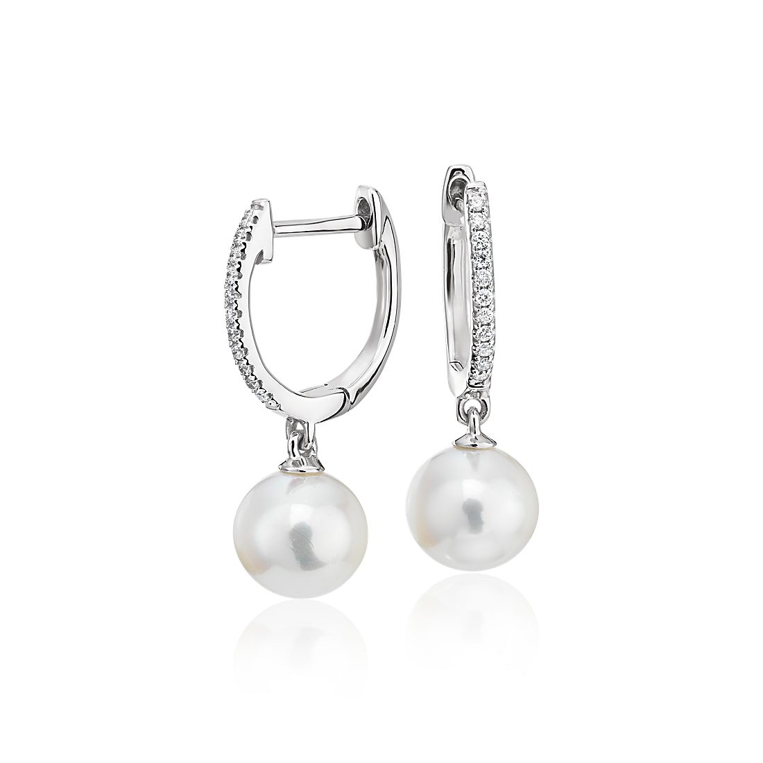 14K White Gold Curved Freshwater Cultured Pearl and Diamond Earrings 