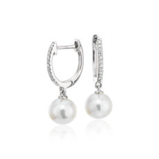 14k 白金淡水养殖珍珠和钻石圈形耳环（6.5-7 毫米）