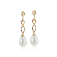 Freshwater Cultured Pearl Earrings with Infinity Twist Drop in 14k Yellow Gold (7.5-8mm)