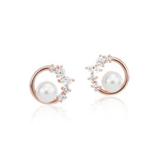 14k 玫瑰金淡水养殖珍珠和多形态钻石耳环（5-6 毫米）