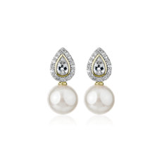 Freshwater Pearl and White Sapphire Drop Earrings in 14k Yellow Gold