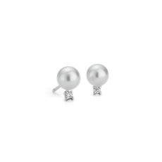 Freshwater Cultured Pearl and Diamond Stud Earrings in 14k White Gold (6-6.5mm)