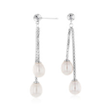 Aretes colgantes con dos perlas cultivadas de agua dulce en plata de ley (7,5-8 mm)