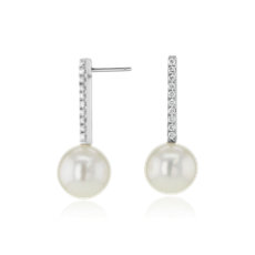 Freshwater Cultured Pearl Earrings with Diamond Drop in 14k White Gold (9-9.5mm)