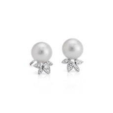 Freshwater Cultured Pearl Earrings with Diamond Leaf Detail in 14k White Gold (8-8.5mm)