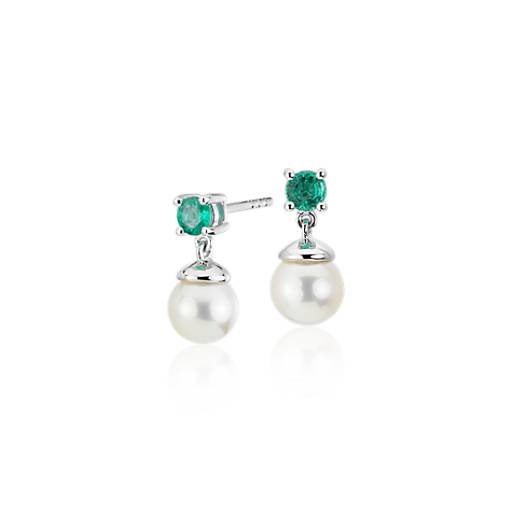 Freshwater Pearl Earrings with Graduated Emerald 10mm Freshwater Cultured Pearl 