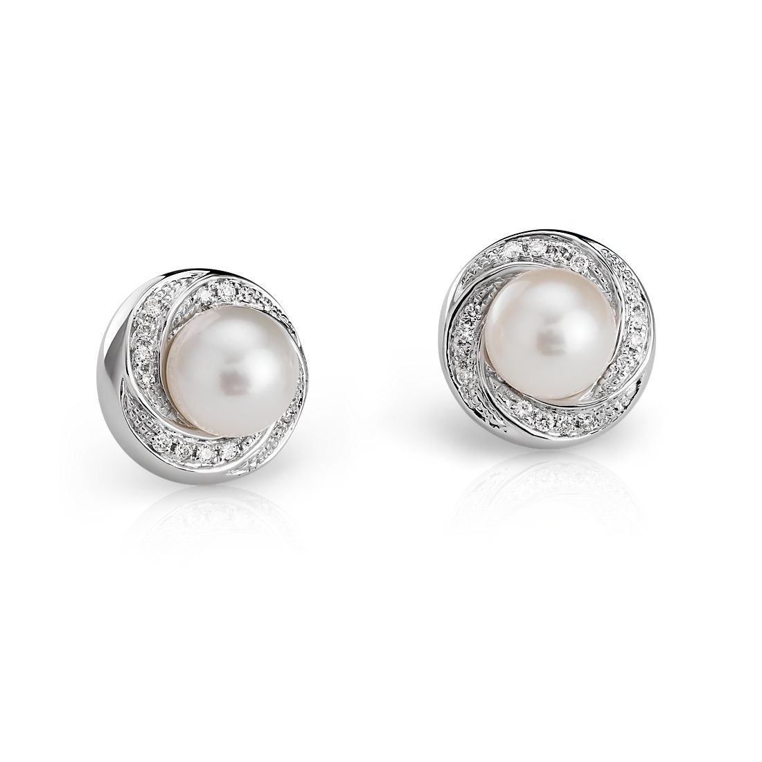 Freshwater Cultured Pearl and Diamond Stud Earrings in 14k White Gold  (7.5mm)