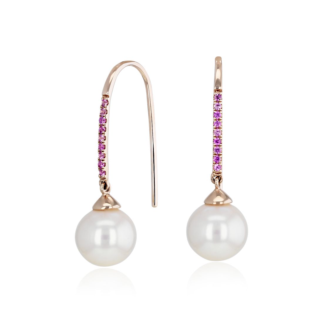 Freshwater Cultured Pearl Threader Earrings with Pink Sapphire in 14k Rose Gold (8-8.5mm)