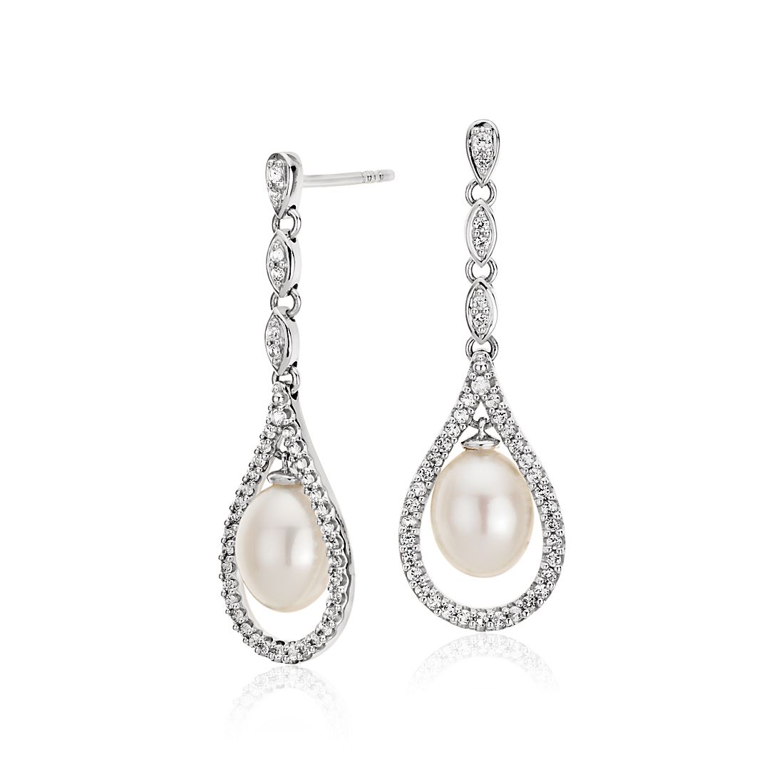 复古风淡水养殖珍珠与白色托帕石 925 纯银吊式耳环（6-7 毫米）