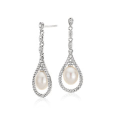 复古风淡水养殖珍珠与白色托帕石 925 纯银吊式耳环（6-7 毫米）