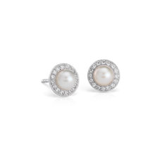 Freshwater Cultured Pearl and White Topaz Halo Earrings in Sterling Silver