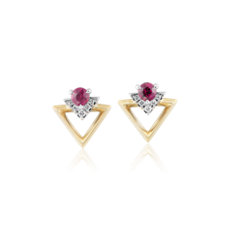 18k 白金和金几何形红宝石钻石耳环（3.5 毫米）