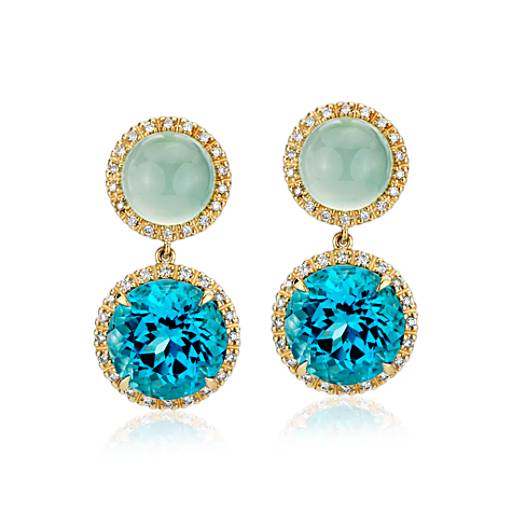 14K Yellow Gold Gemstone Earrings With Green Amethyst And Blue Topaz 