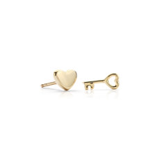 Heart and Key Mismatched Stud Earrings in 14k Yellow Gold 