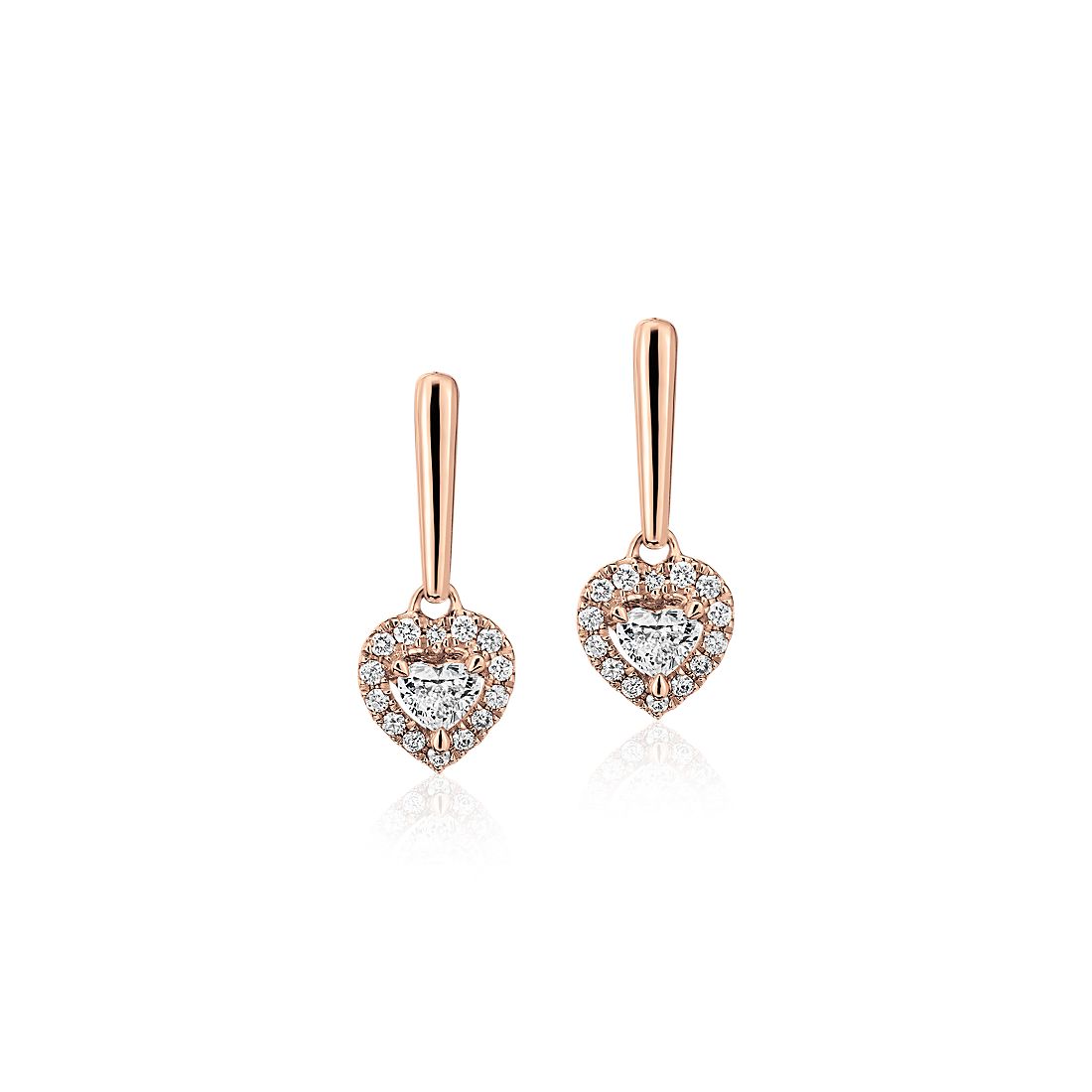 Aretes colgantes con diamante en forma de corazón y halo en oro rosado de 14 k (1/3 qt. total)
