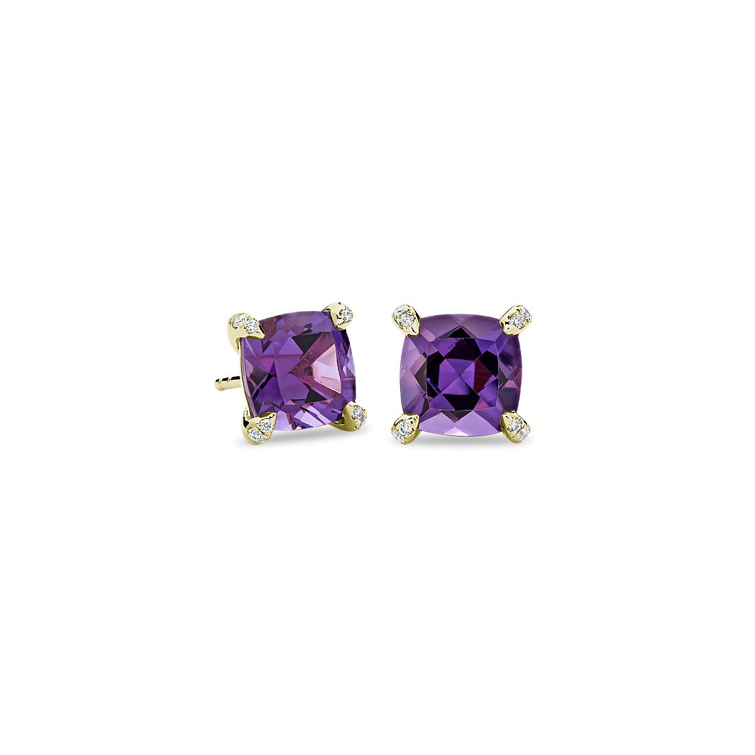 Cushion Cut Amethyst and Diamond Accent Earrings in 14k Yellow Gold (7mm)