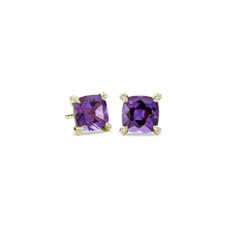 NEW Cushion Cut Amethyst and Diamond Accent Earrings in 14k Yellow Gold (7mm)
