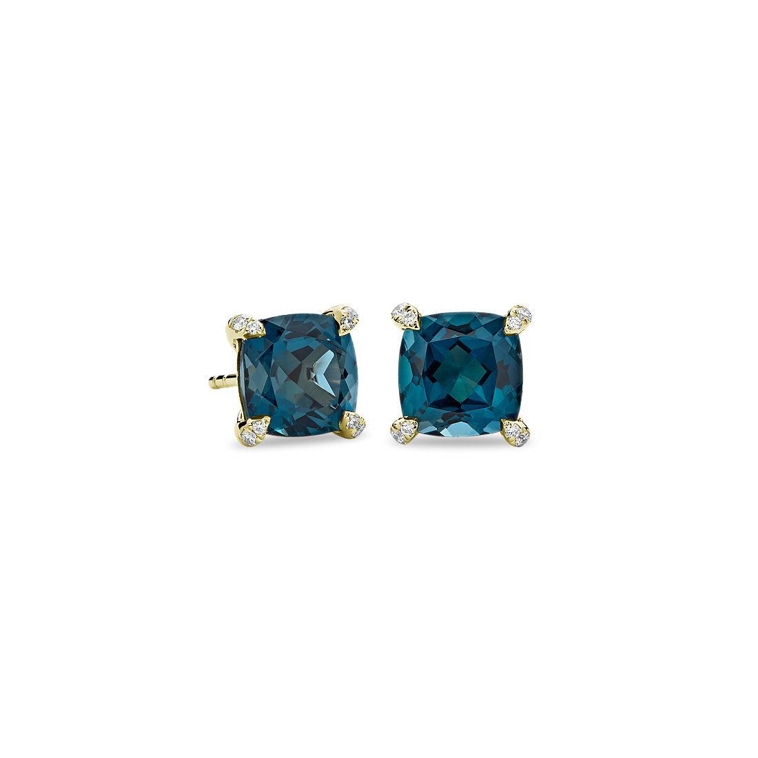Cushion Cut London Blue Topaz and Diamond Accent Earrings in 14k Yellow Gold (7mm)