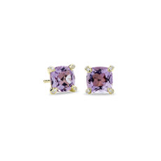 NEW Cushion Cut Rose de France and Diamond Accent Earrings in 14k Yellow Gold (7mm)