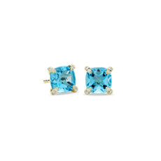 Cushion Cut Swiss Blue Topaz and Diamond Accent Earrings in 14k Yellow Gold (7mm)