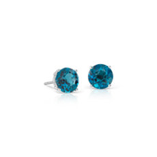 14k 白金倫敦藍色托帕石耳釘耳環（7 毫米）